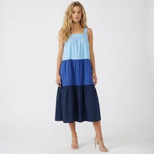 NWT Moon River Blue Colorblock Tiered Maxi Dress Small Boho Resort Wedding Guest